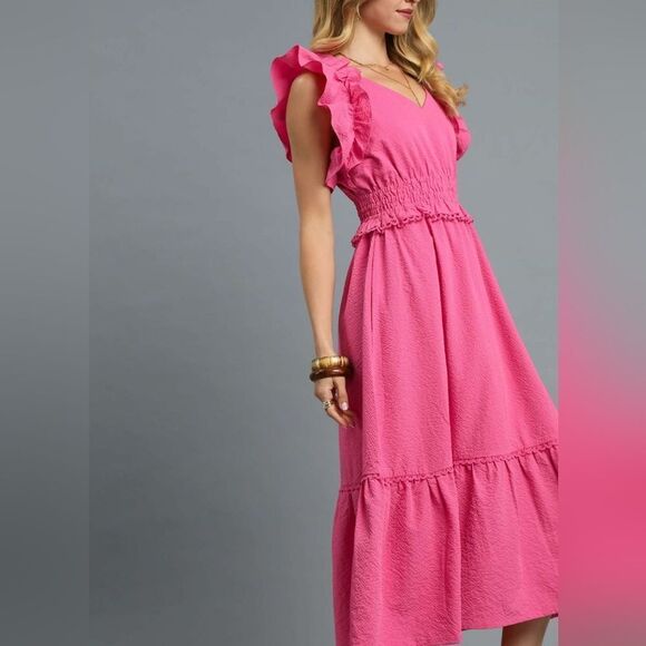 Umgee V-Neck Ruffled Cap Sleeve Midi Dress Pink Ruffle Midi Dress sz Large - Picture 6 of 7